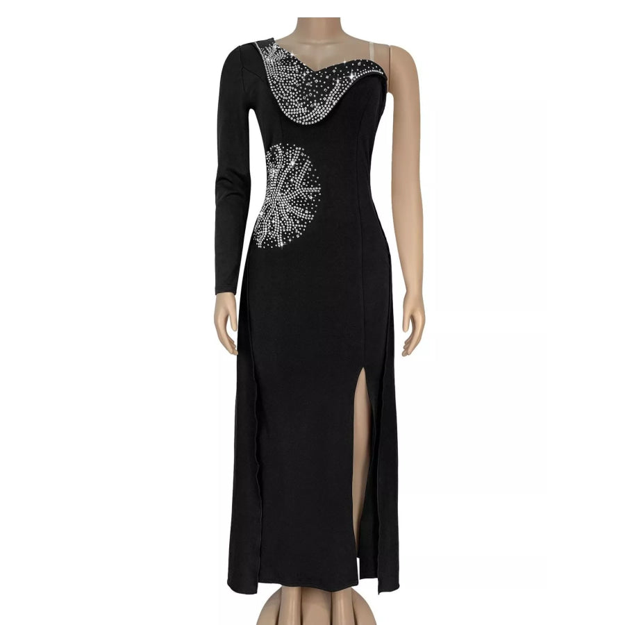 Slit Rhinestone One Shoulder Maxi Dress Apparel and Accessories