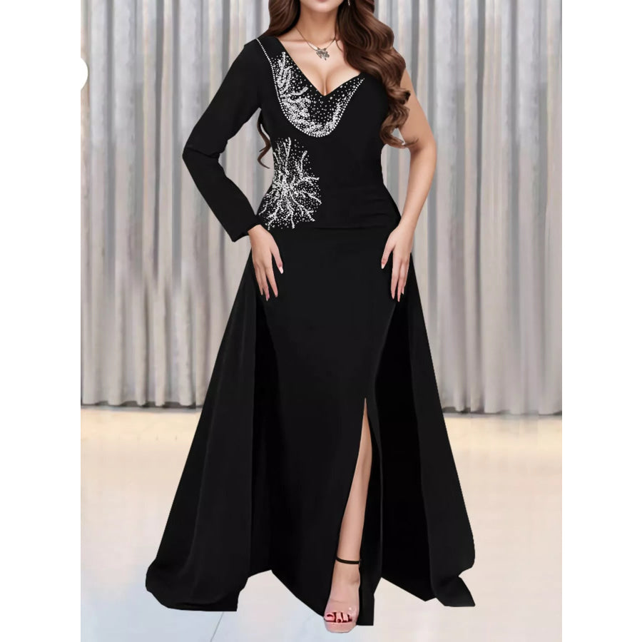 Slit Rhinestone One Shoulder Maxi Dress Black / S Apparel and Accessories