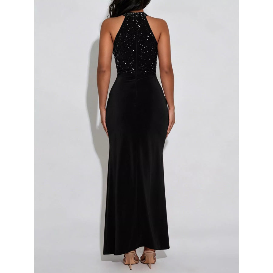 Slit Rhinestone Sleeveless Maxi Dress Apparel and Accessories