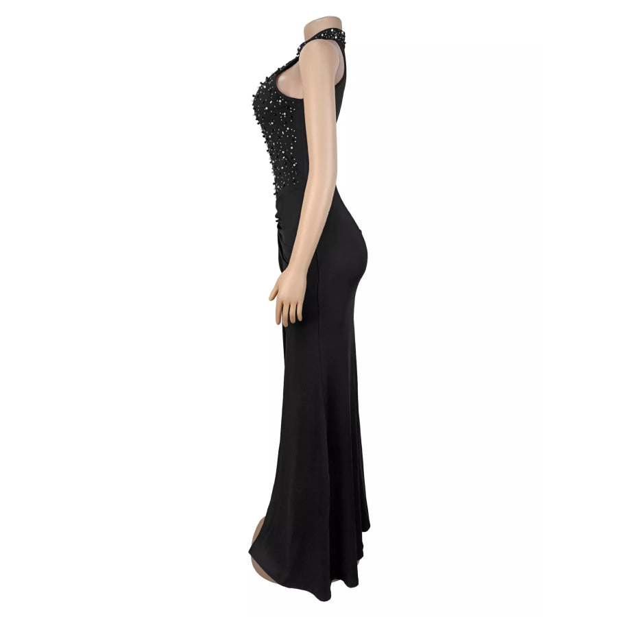 Slit Rhinestone Sleeveless Maxi Dress Apparel and Accessories