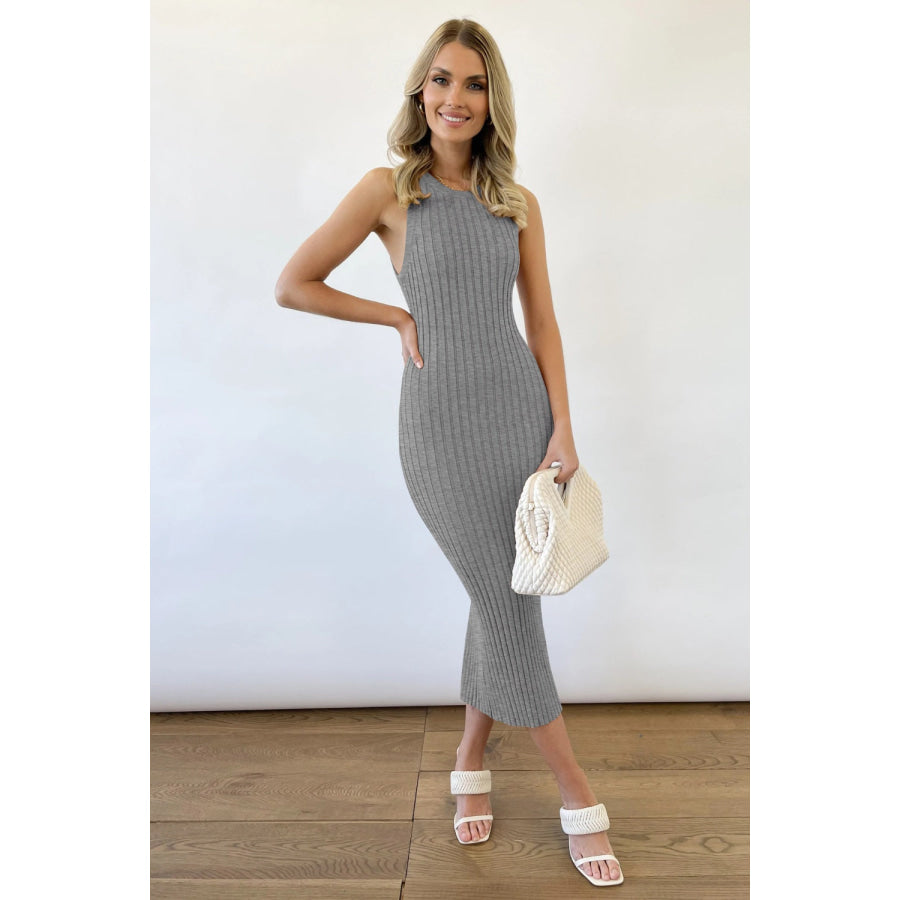 Slit Ribbed Round Neck Sleeveless Dress Apparel and Accessories