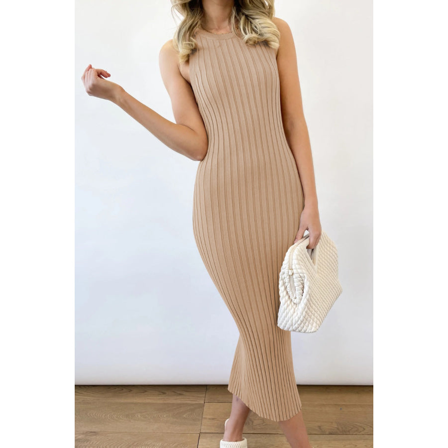 Slit Ribbed Round Neck Sleeveless Dress Apparel and Accessories