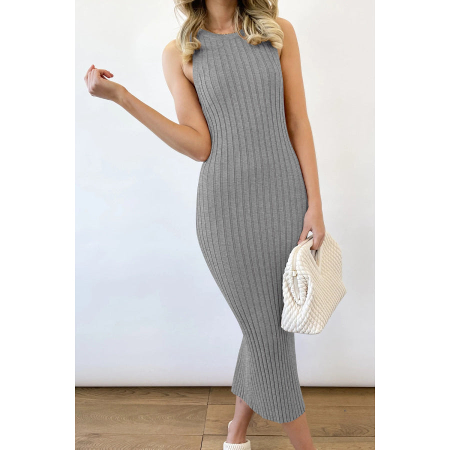 Slit Ribbed Round Neck Sleeveless Dress Apparel and Accessories