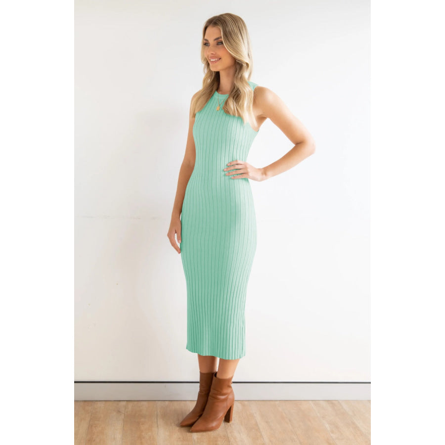 Slit Ribbed Round Neck Sleeveless Dress Apparel and Accessories