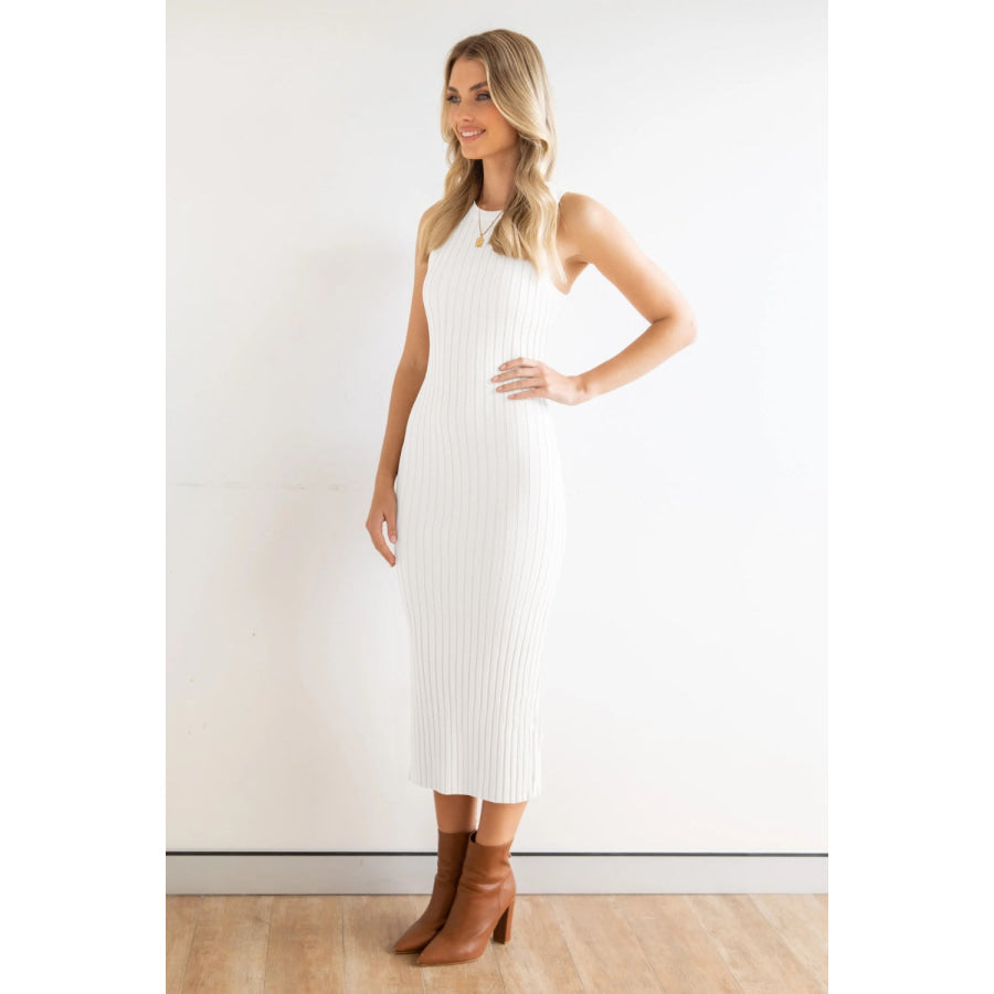 Slit Ribbed Round Neck Sleeveless Dress White / S Apparel and Accessories