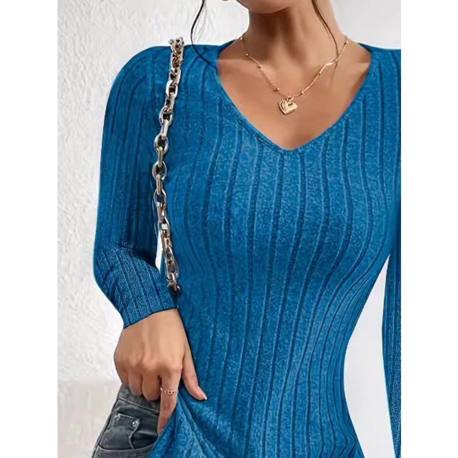 Slit Ribbed V-Neck Long Sleeve T-Shirt Apparel and Accessories