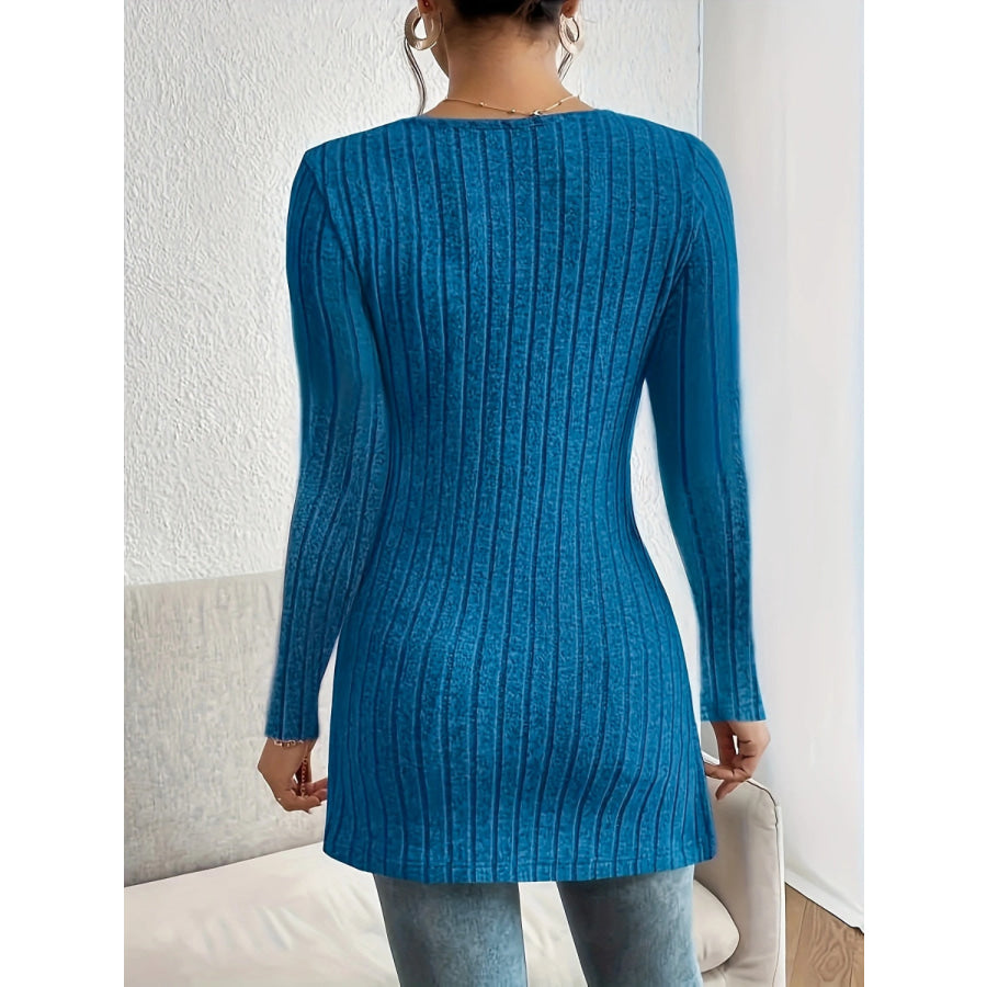 Slit Ribbed V-Neck Long Sleeve T-Shirt Sky Blue / S Apparel and Accessories