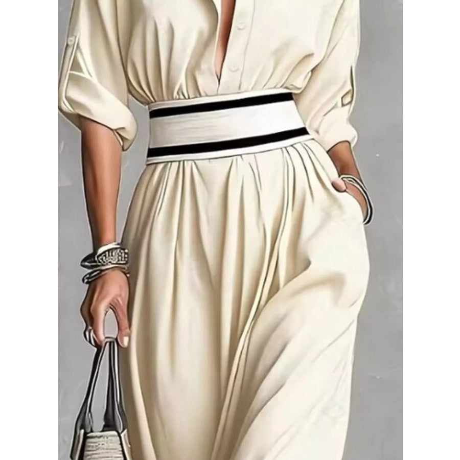 Slit Roll-Up Sleeve Maxi Dress Apparel and Accessories
