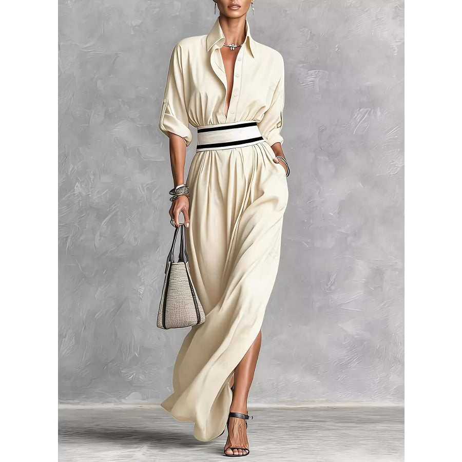 Slit Roll-Up Sleeve Maxi Dress Apricot / S Apparel and Accessories