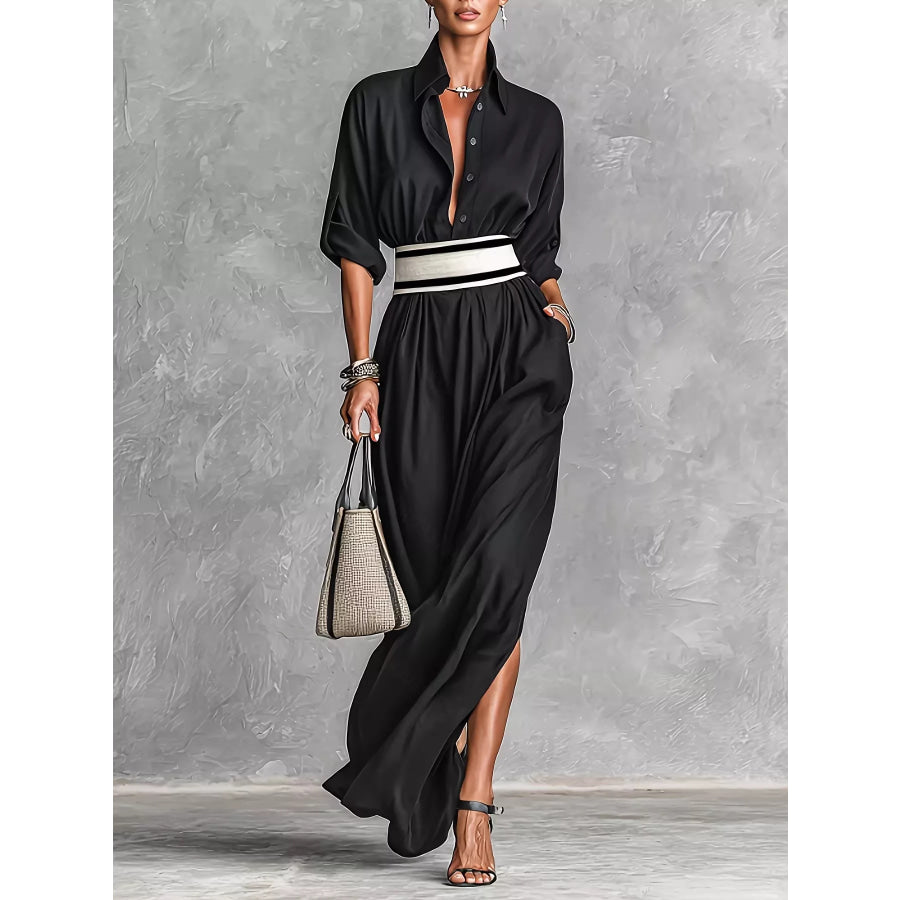 Slit Roll-Up Sleeve Maxi Dress Black / S Apparel and Accessories
