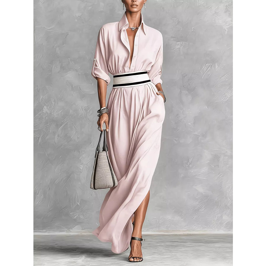 Slit Roll-Up Sleeve Maxi Dress Pink / S Apparel and Accessories