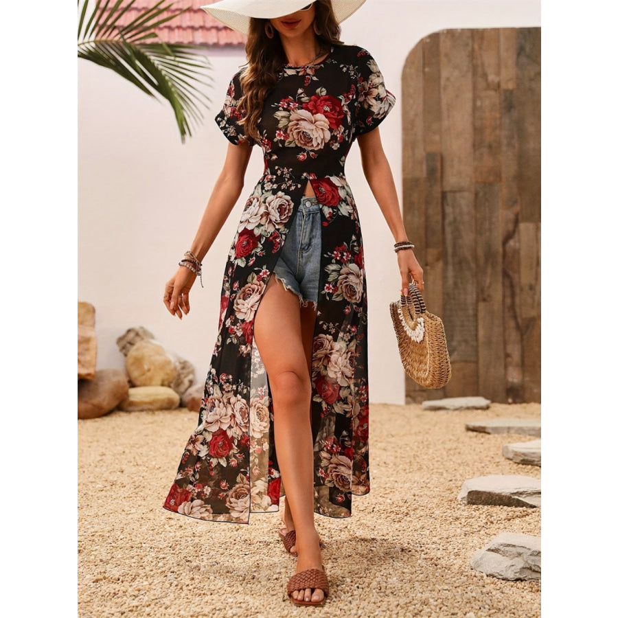 Slit Rose Printed Round Neck Short Sleeve Blouse Apparel and Accessories