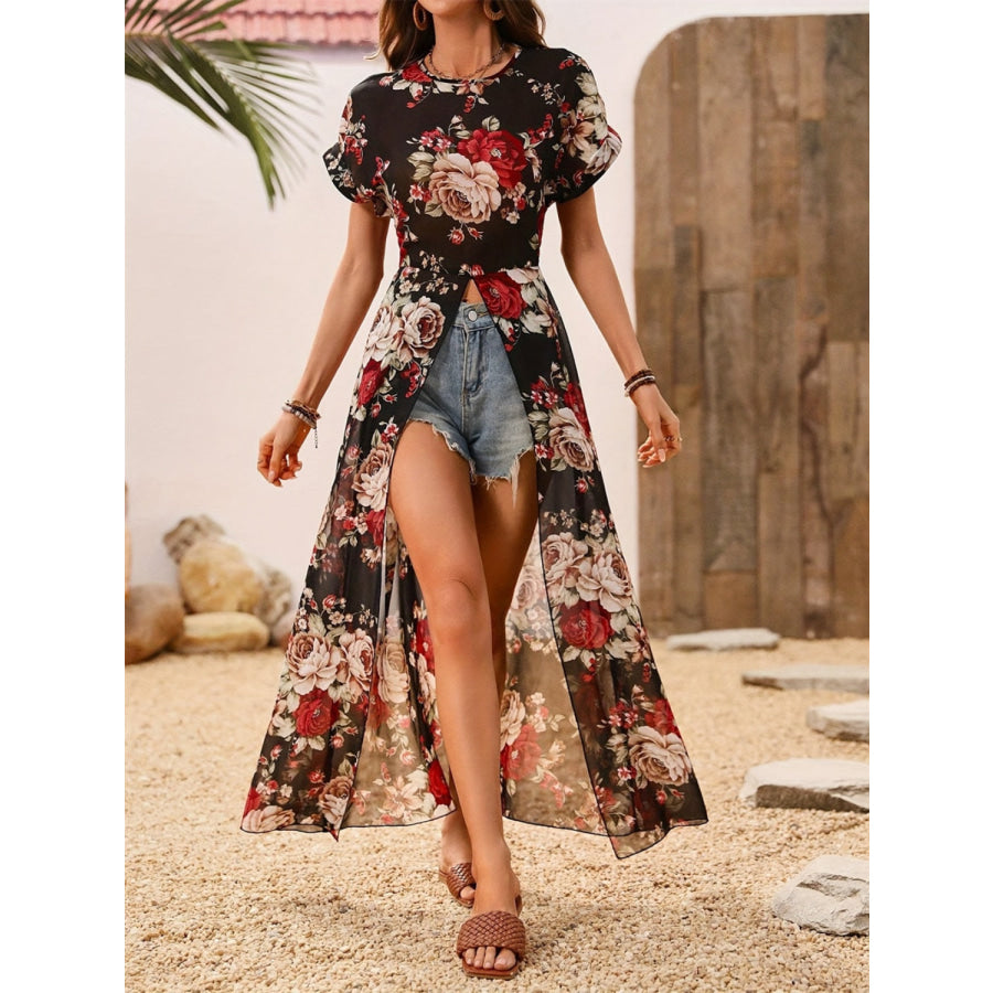 Slit Rose Printed Round Neck Short Sleeve Blouse Apparel and Accessories