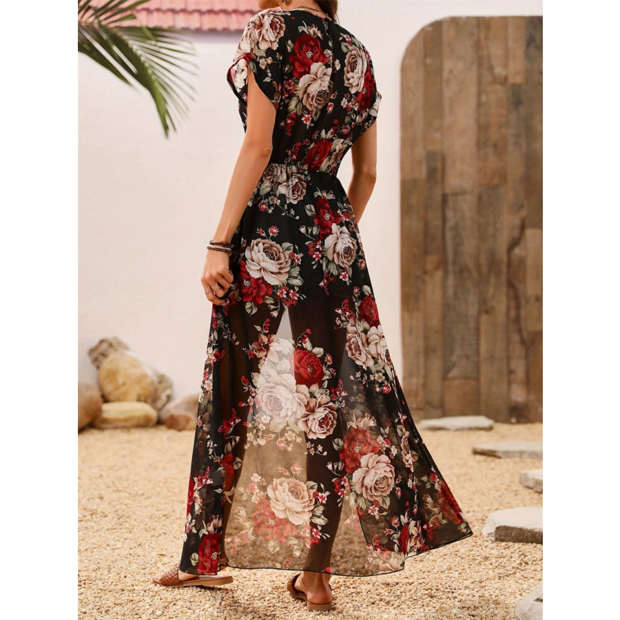 Slit Rose Printed Round Neck Short Sleeve Blouse Apparel and Accessories