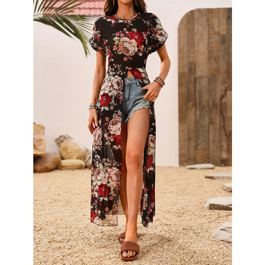 Slit Rose Printed Round Neck Short Sleeve Blouse Black / S Apparel and Accessories