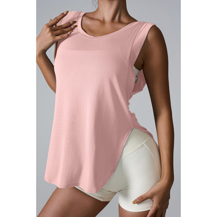 Slit Round Neck Active Tank Blush Pink / S Apparel and Accessories