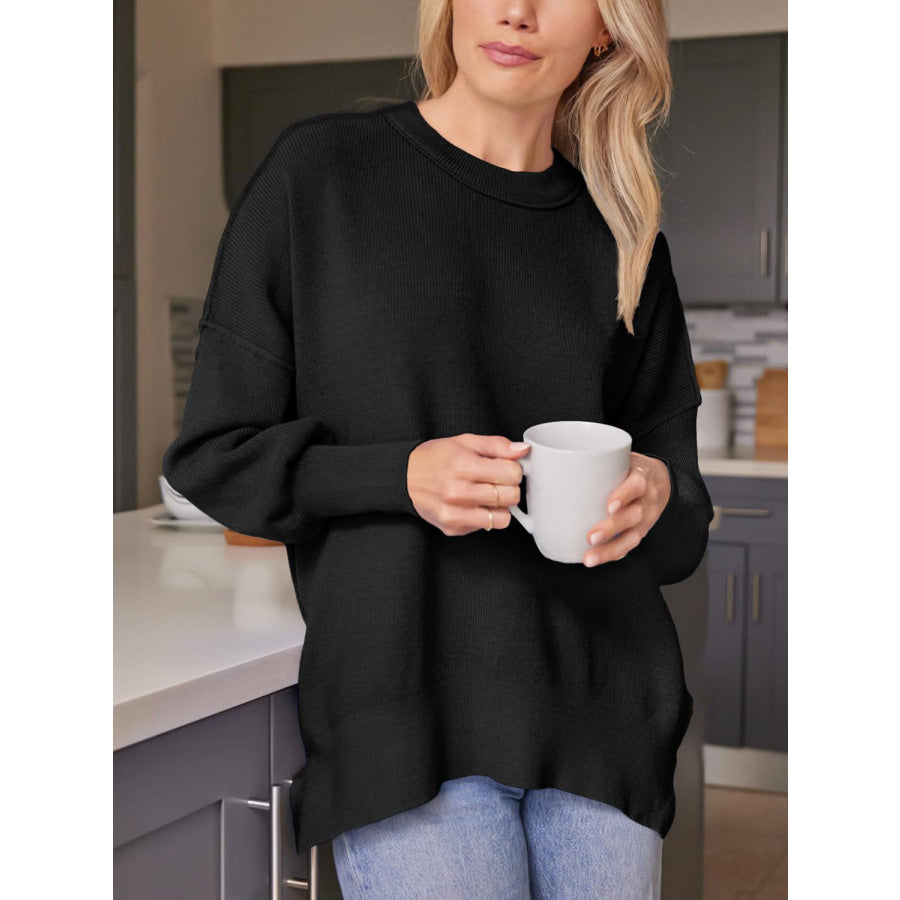 Slit Round Neck Dropped Shoulder Sweater Apparel and Accessories