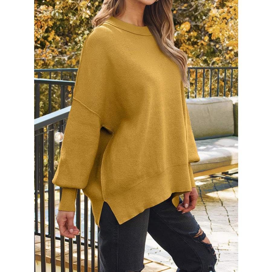 Slit Round Neck Dropped Shoulder Sweater Apparel and Accessories