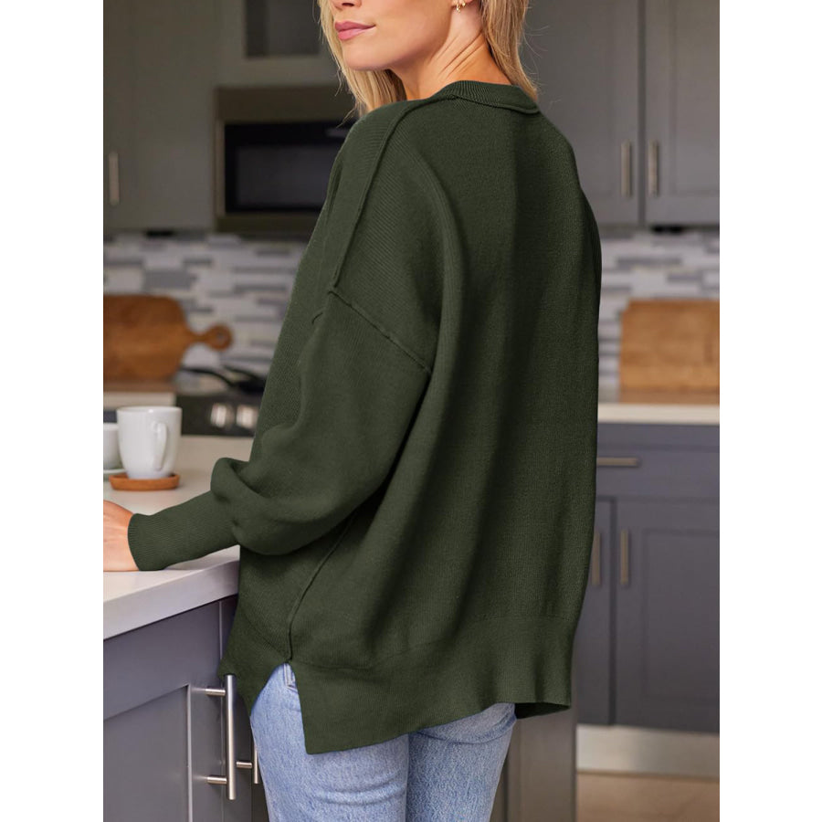 Slit Round Neck Dropped Shoulder Sweater Apparel and Accessories