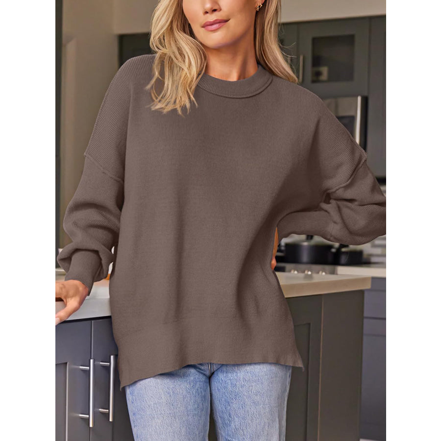 Slit Round Neck Dropped Shoulder Sweater Apparel and Accessories