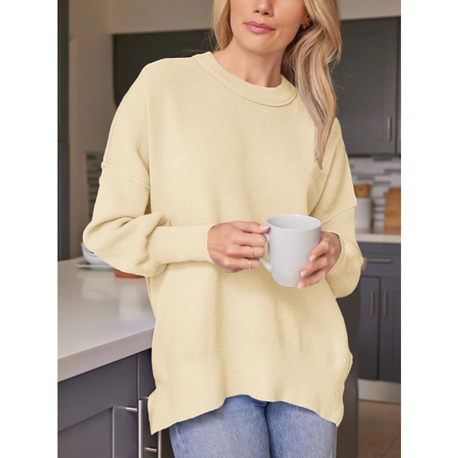 Slit Round Neck Dropped Shoulder Sweater Apparel and Accessories