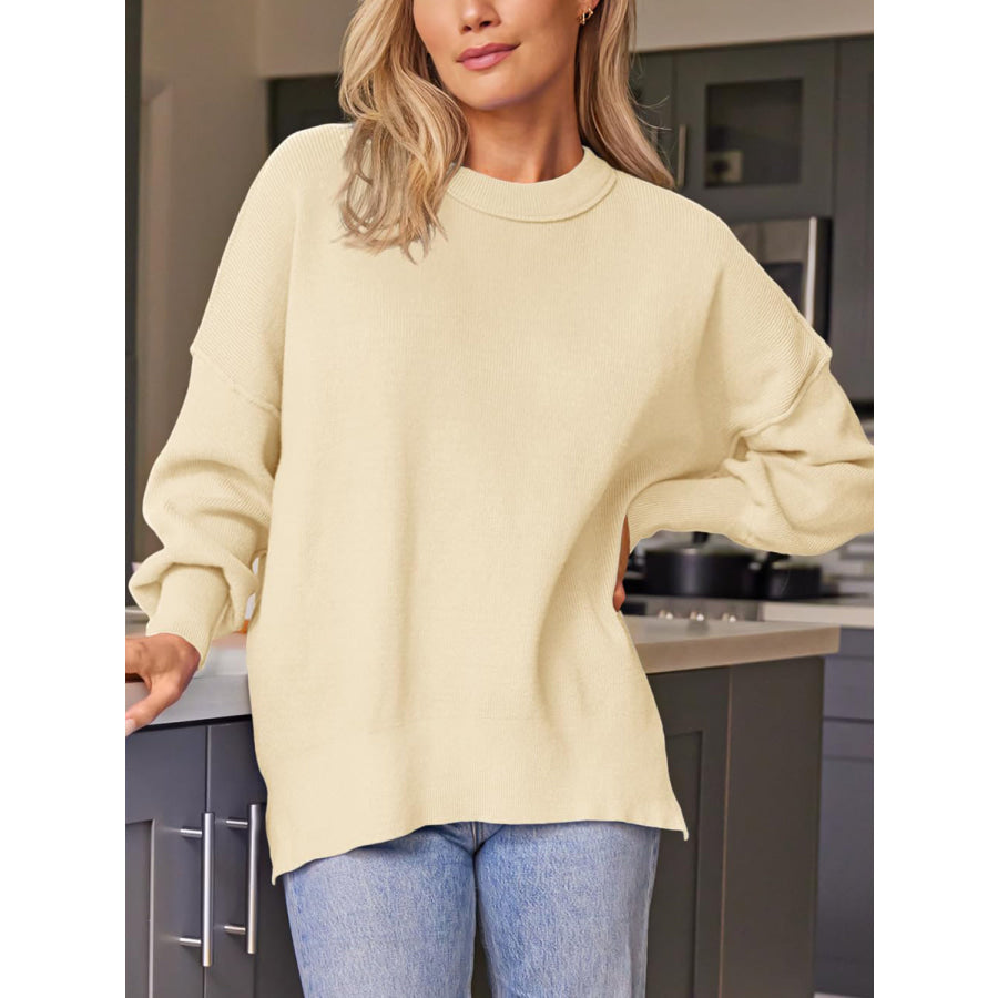 Slit Round Neck Dropped Shoulder Sweater Apparel and Accessories