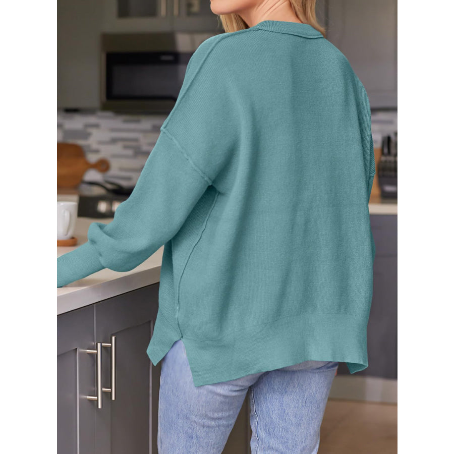 Slit Round Neck Dropped Shoulder Sweater Apparel and Accessories