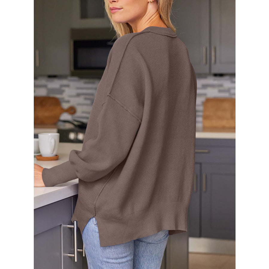 Slit Round Neck Dropped Shoulder Sweater Apparel and Accessories