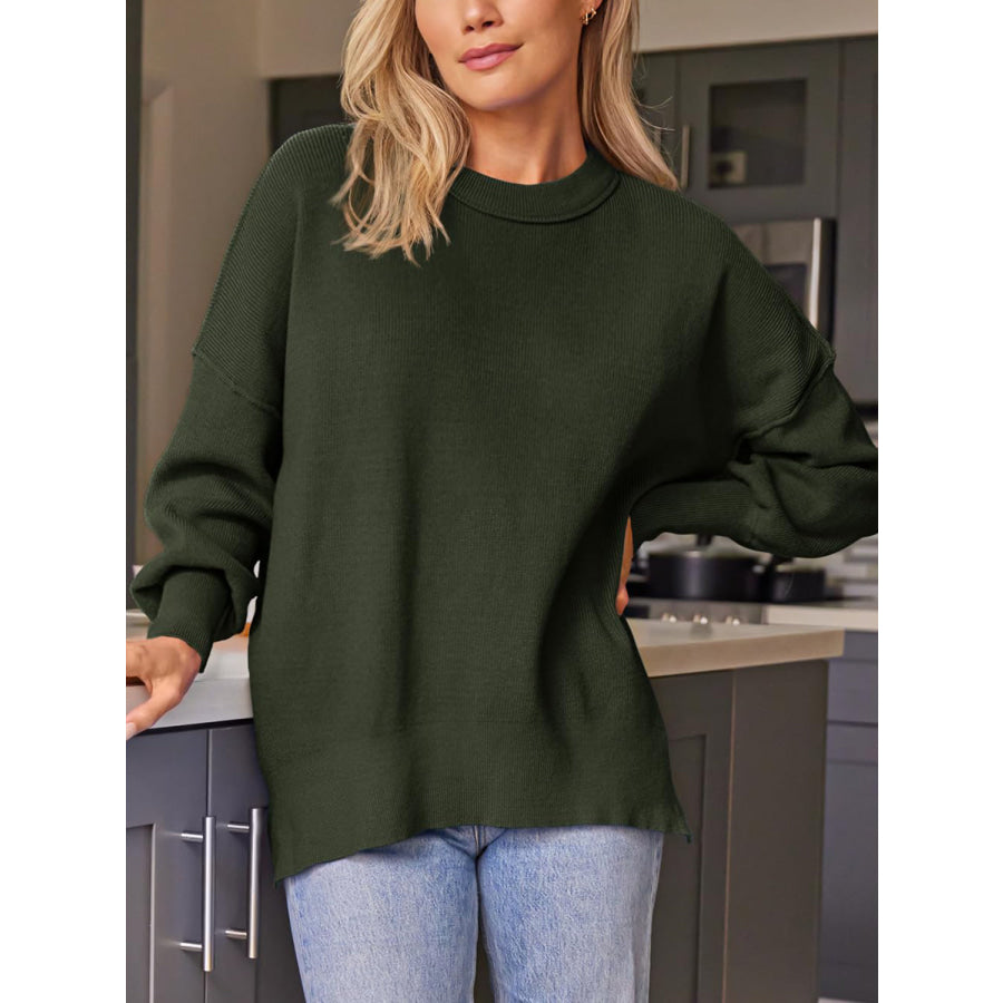 Slit Round Neck Dropped Shoulder Sweater Apparel and Accessories