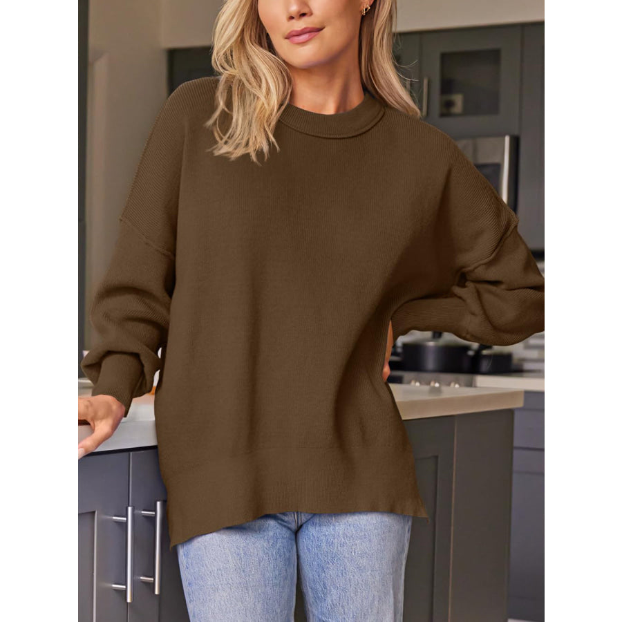 Slit Round Neck Dropped Shoulder Sweater Apparel and Accessories