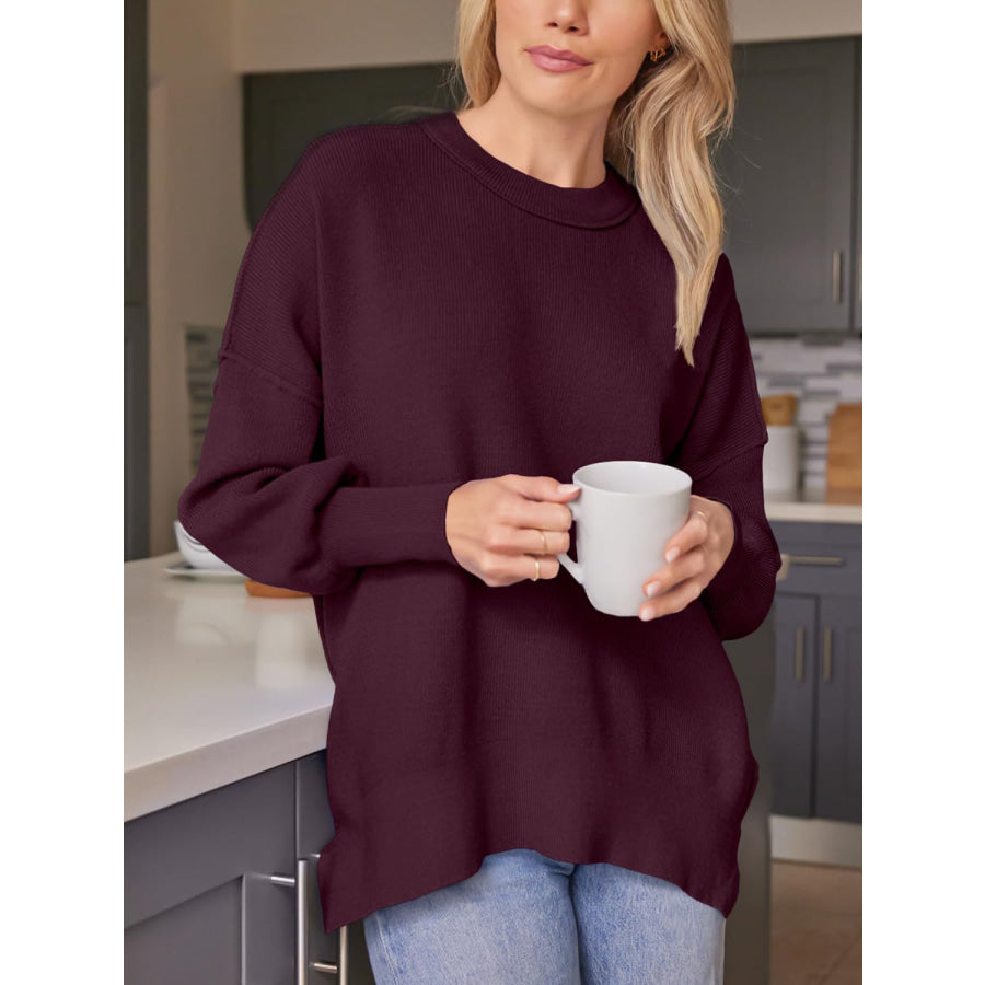 Slit Round Neck Dropped Shoulder Sweater Apparel and Accessories