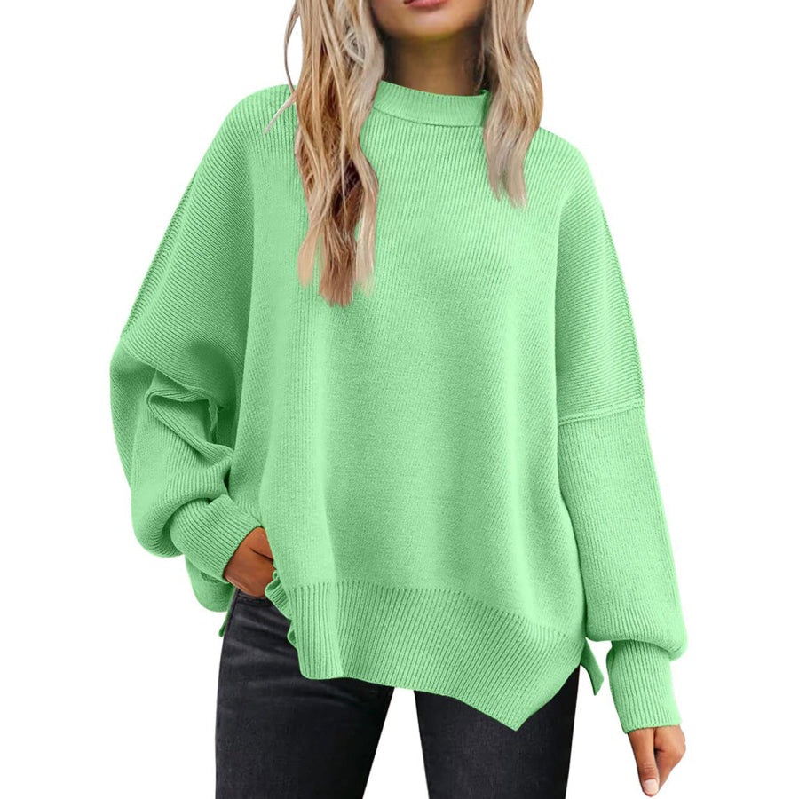 Slit Round Neck Dropped Shoulder Sweater Apparel and Accessories