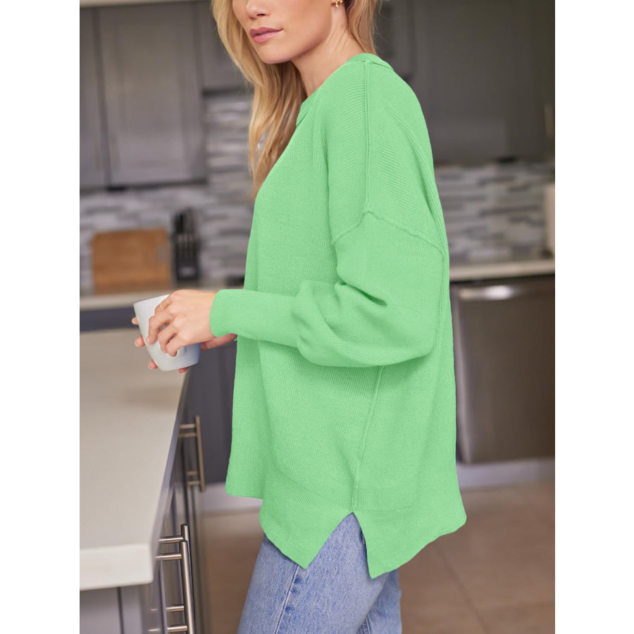 Slit Round Neck Dropped Shoulder Sweater Apparel and Accessories