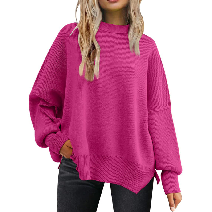 Slit Round Neck Dropped Shoulder Sweater Apparel and Accessories