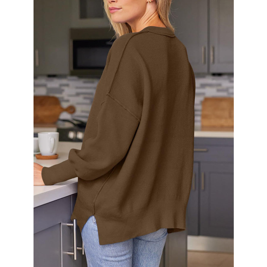 Slit Round Neck Dropped Shoulder Sweater Apparel and Accessories