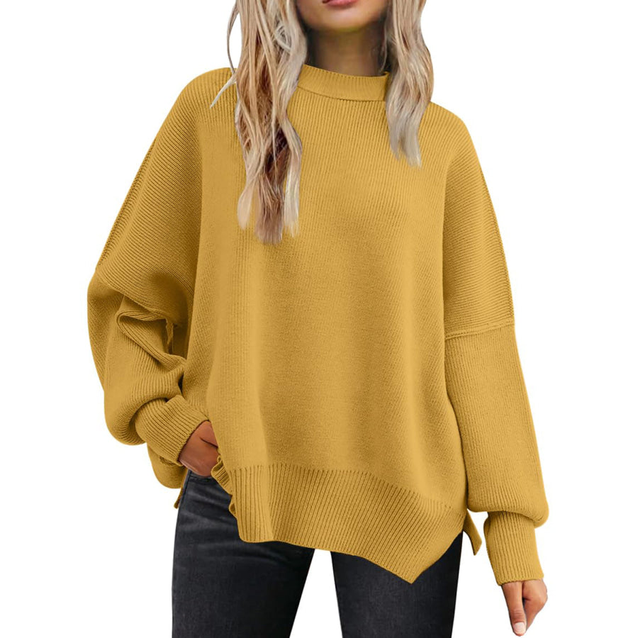 Slit Round Neck Dropped Shoulder Sweater Apparel and Accessories