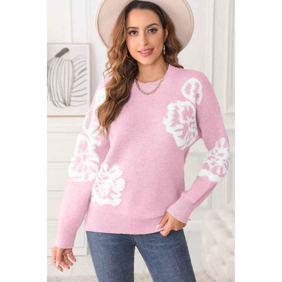 Slit Round Neck Dropped Shoulder Sweater Dusty Pink / S Apparel and Accessories