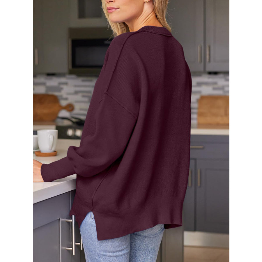 Slit Round Neck Dropped Shoulder Sweater Apparel and Accessories