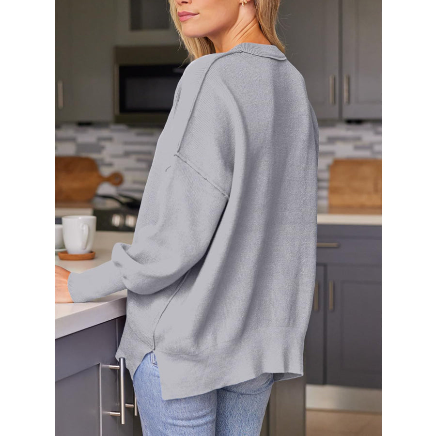 Slit Round Neck Dropped Shoulder Sweater Apparel and Accessories