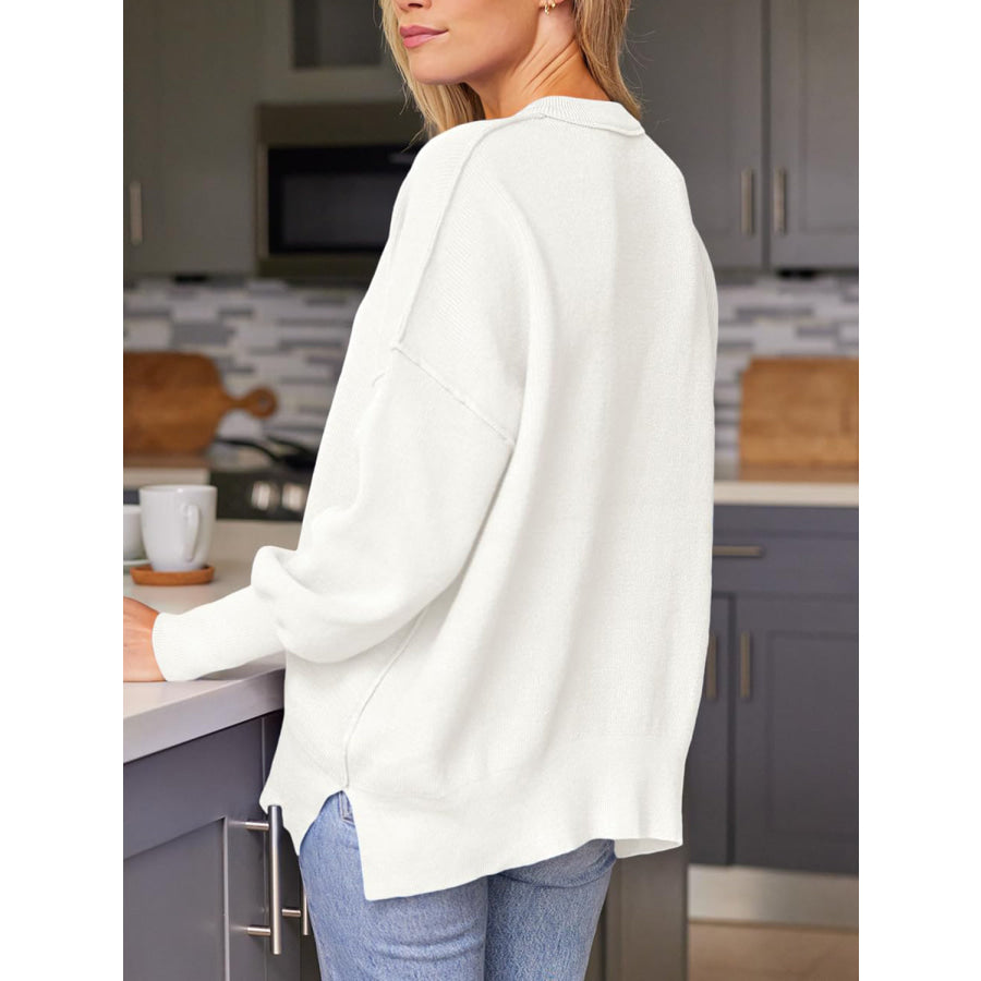 Slit Round Neck Dropped Shoulder Sweater Apparel and Accessories