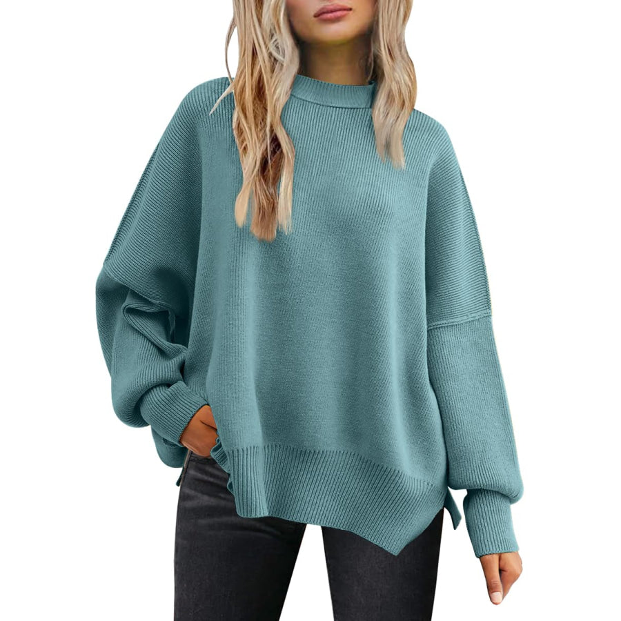 Slit Round Neck Dropped Shoulder Sweater Apparel and Accessories