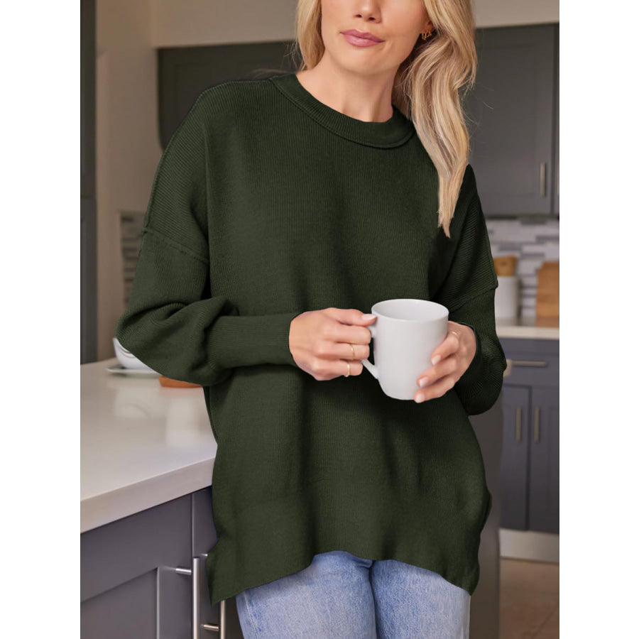 Slit Round Neck Dropped Shoulder Sweater Army Green / S Apparel and Accessories