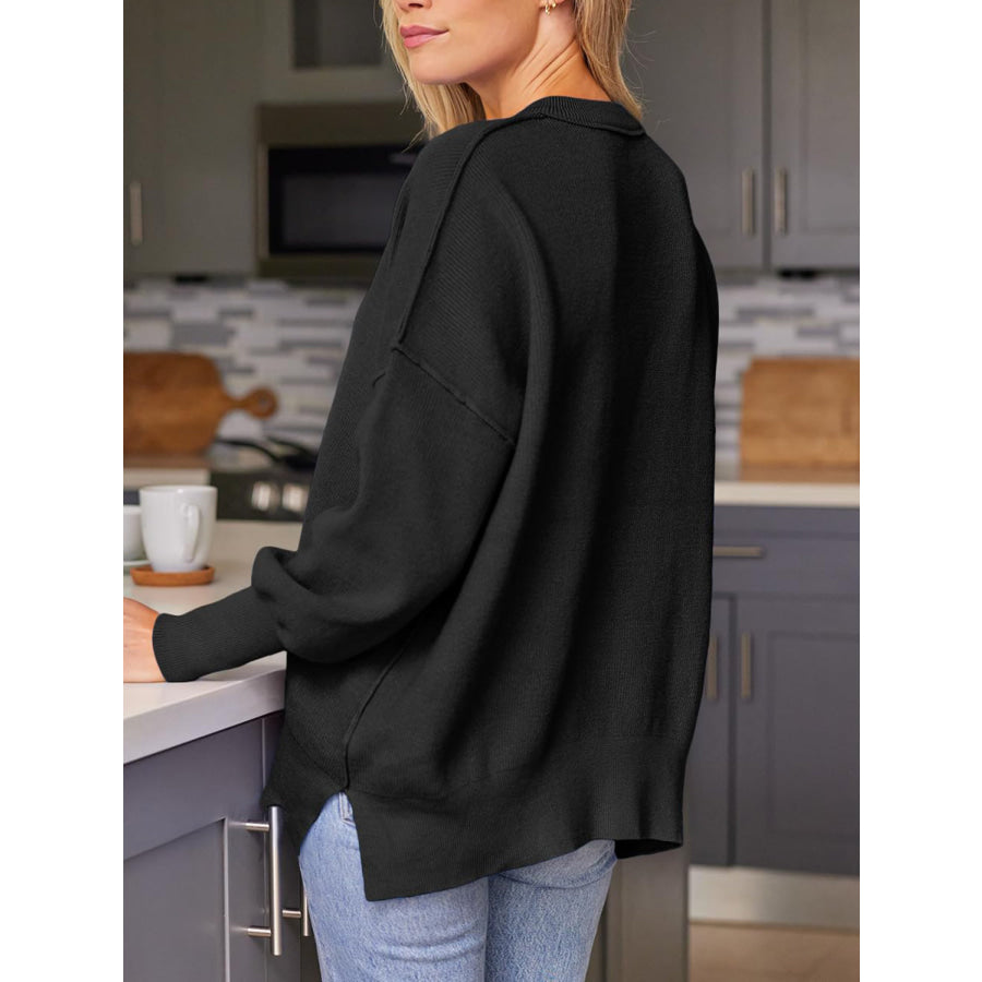 Slit Round Neck Dropped Shoulder Sweater Black / S Apparel and Accessories