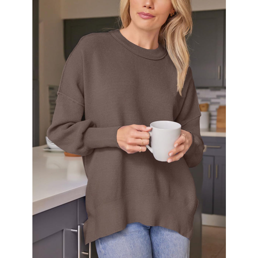 Slit Round Neck Dropped Shoulder Sweater Chocolate / S Apparel and Accessories