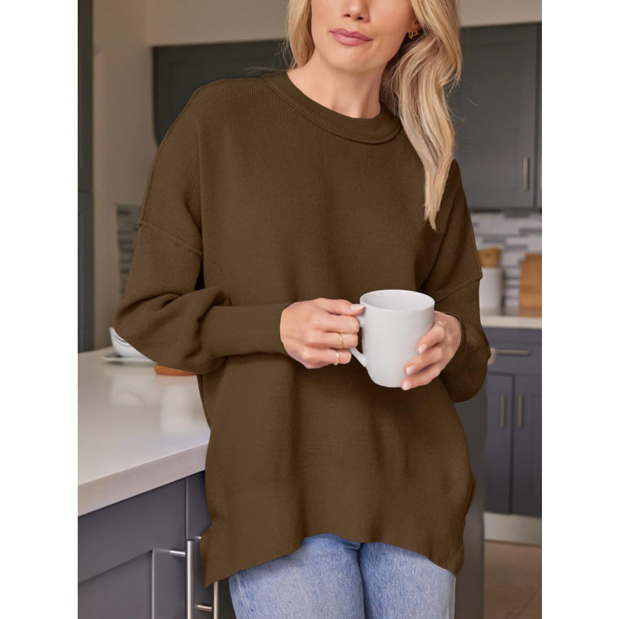 Slit Round Neck Dropped Shoulder Sweater Dark Brown / S Apparel and Accessories