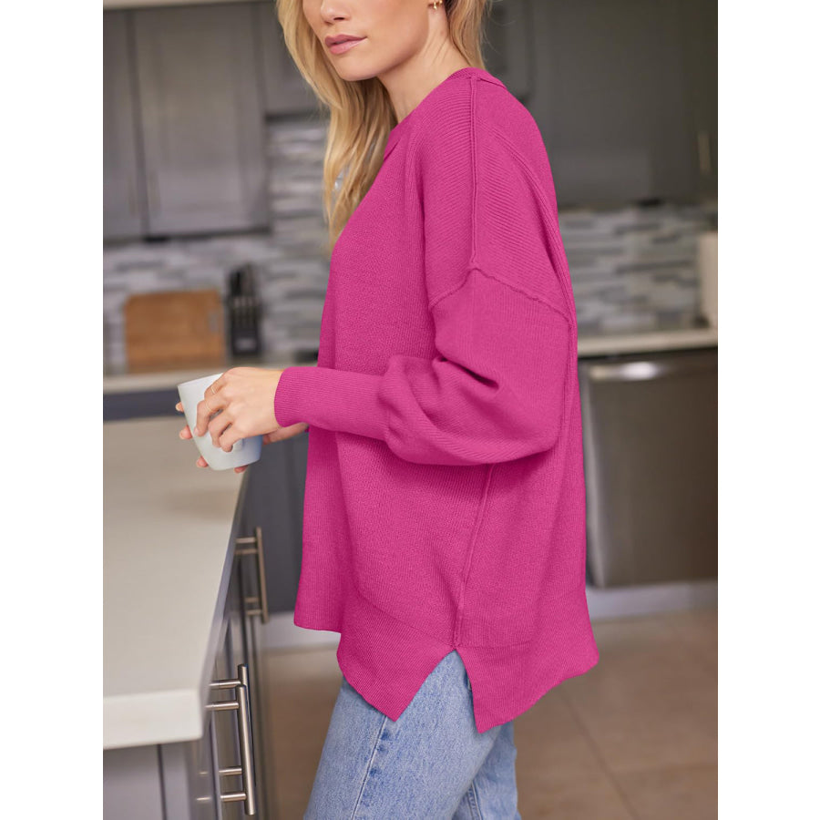 Slit Round Neck Dropped Shoulder Sweater Deep Rose / S Apparel and Accessories