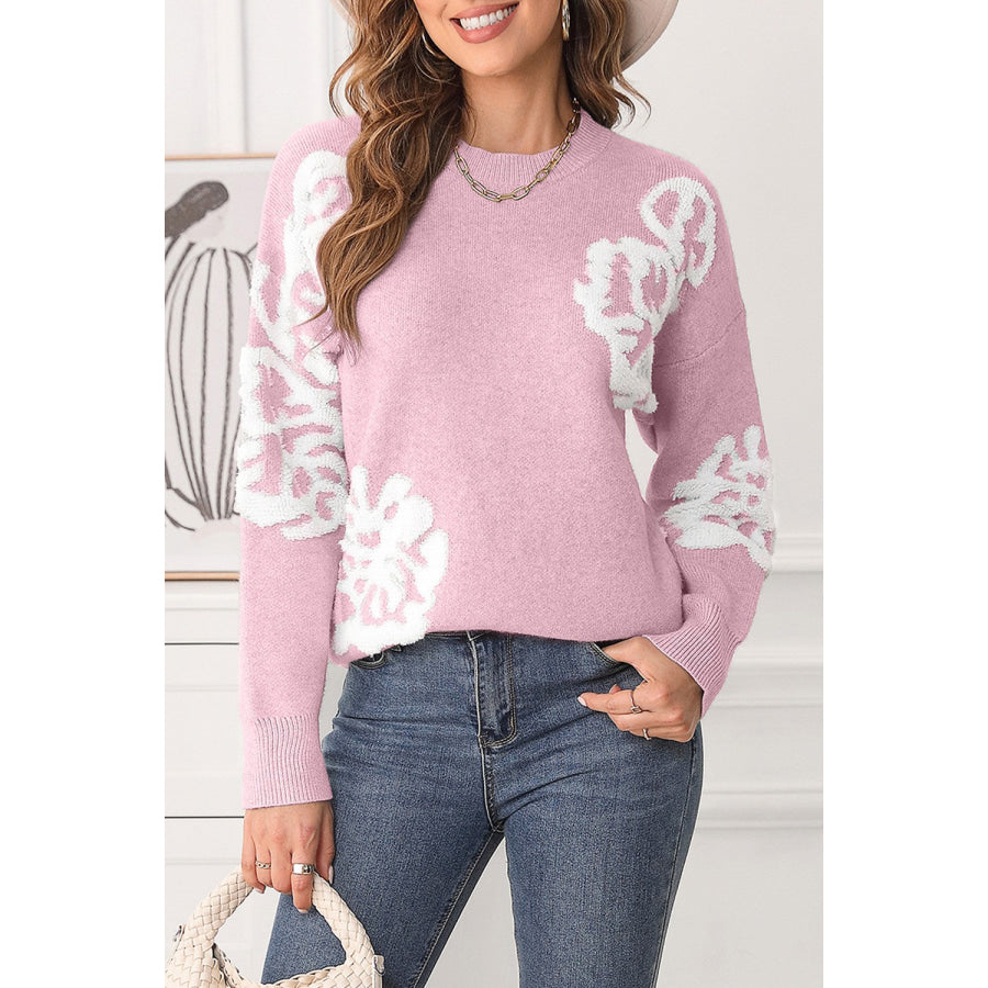 Slit Round Neck Dropped Shoulder Sweater Dusty Pink / S Apparel and Accessories