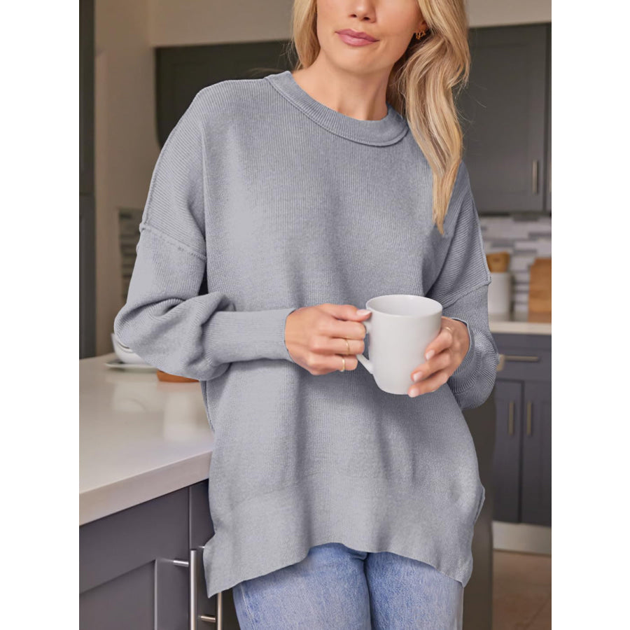 Slit Round Neck Dropped Shoulder Sweater Gray / S Apparel and Accessories