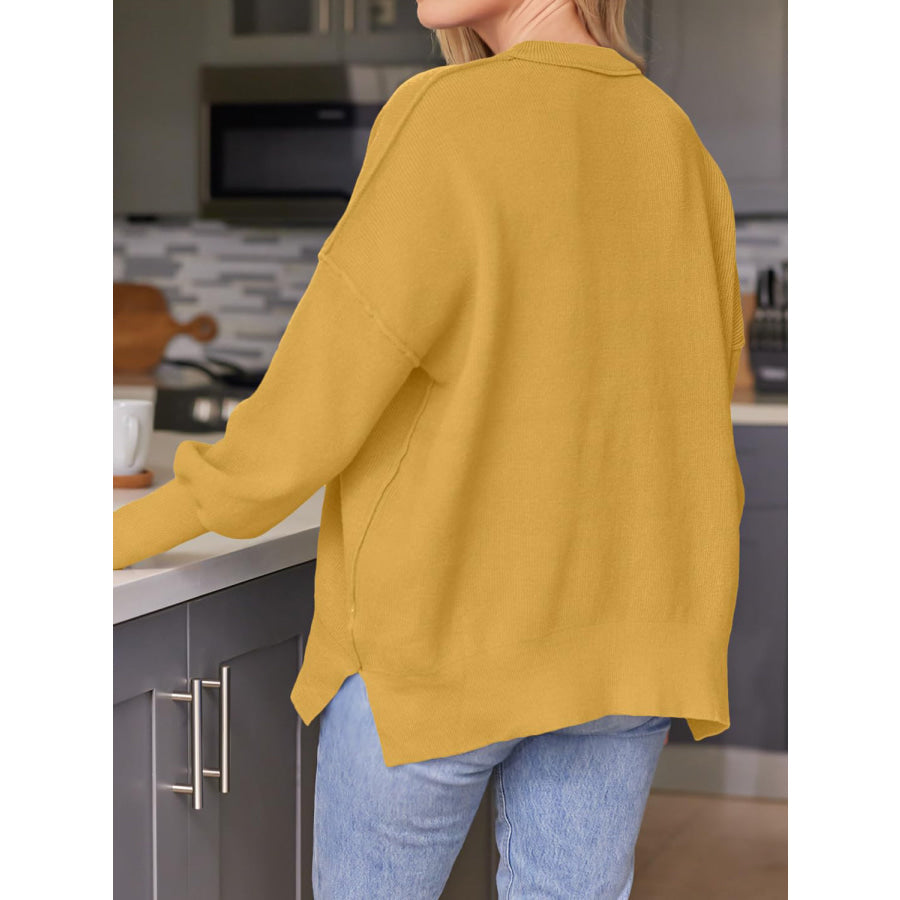 Slit Round Neck Dropped Shoulder Sweater Mustard / S Apparel and Accessories