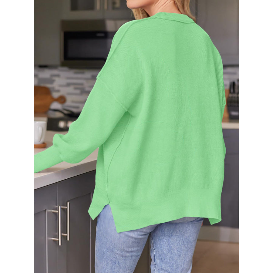 Slit Round Neck Dropped Shoulder Sweater Neon Green / S Apparel and Accessories